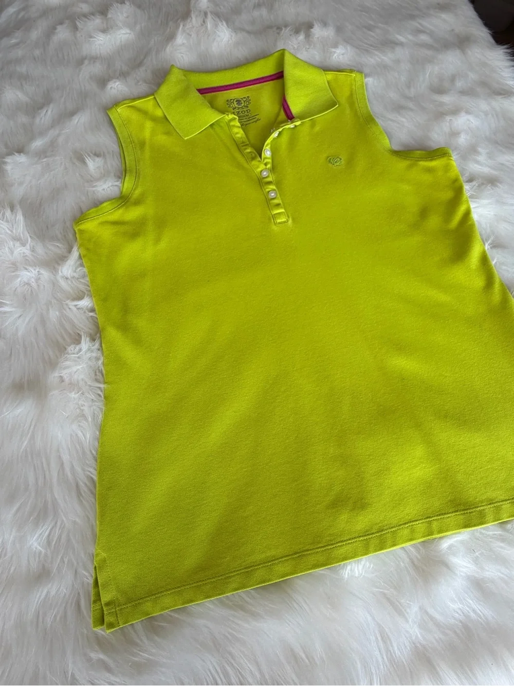 Izod Sleeveless Polo Sz M Lime Green Pink Trim Cotton Stretch Golf